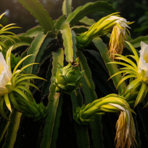 Dragon fruit plant with blooming white flowers and young green fruit bud