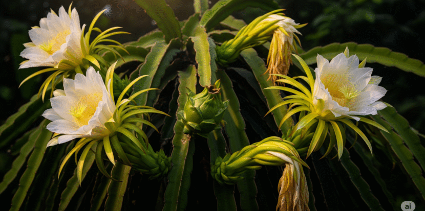 Dragon fruit plant with blooming white flowers and young green fruit bud