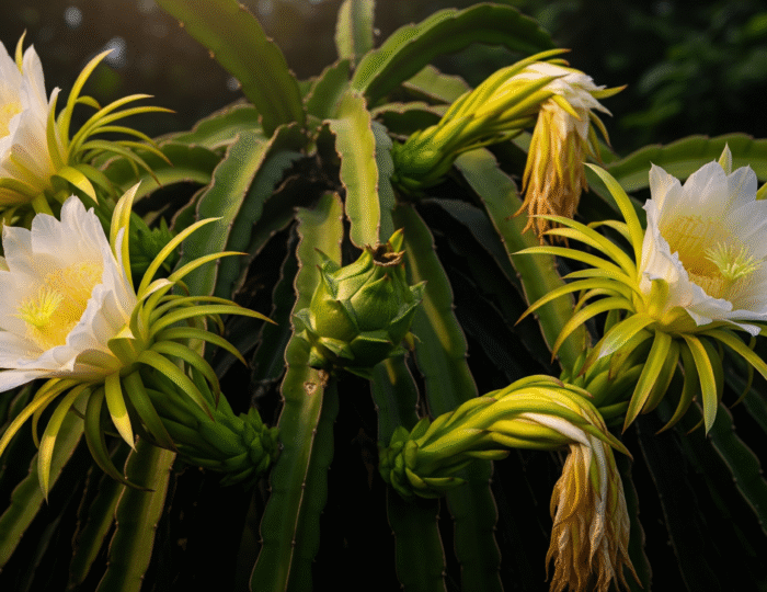 Dragon fruit plant with blooming white flowers and young green fruit bud