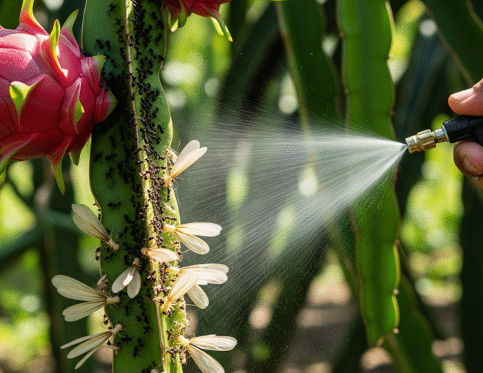A detailed macro shot of several red ants crawling on a plant stem.