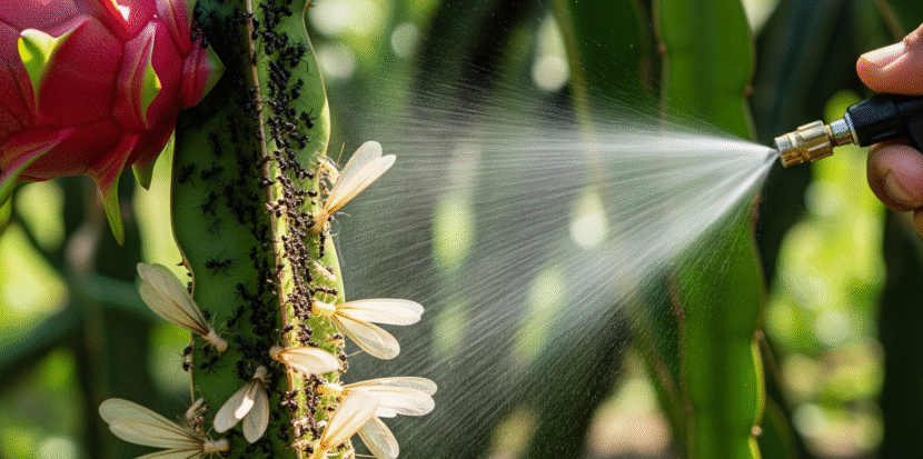 A detailed macro shot of several red ants crawling on a plant stem.