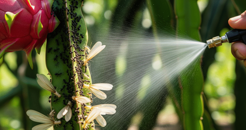 A detailed macro shot of several red ants crawling on a plant stem.